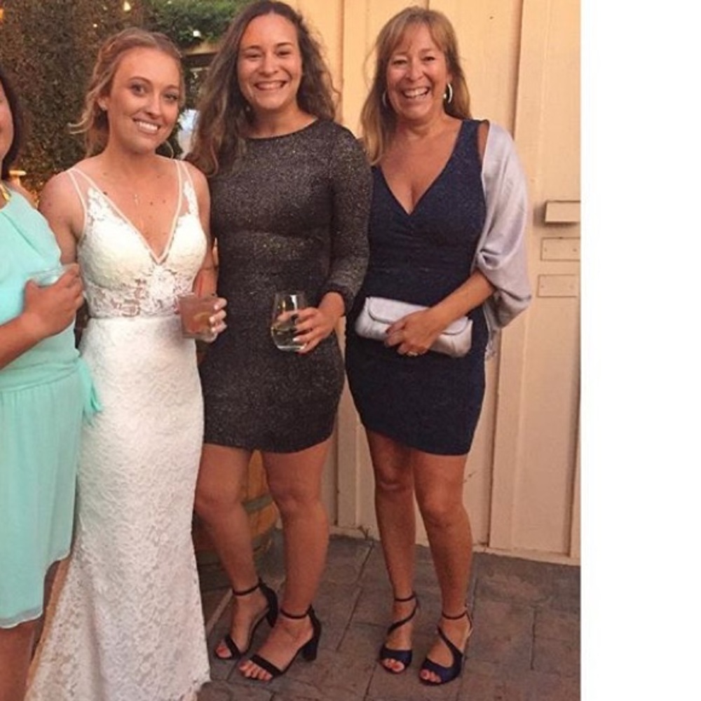 Blue and silver dress, heels, clutch, and